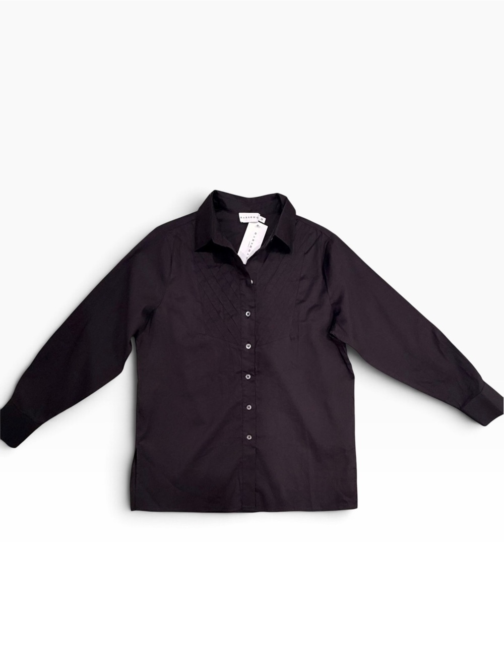 NWT HARSHMAN Los Angeles Black Pleated Chevron Bib Button Down Blouse XS